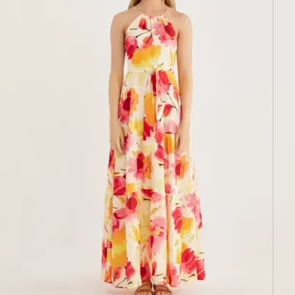 Rumer Sunshine Halter Maxi Dress, Pink Orange Yellow Floral, Small, NWT!!